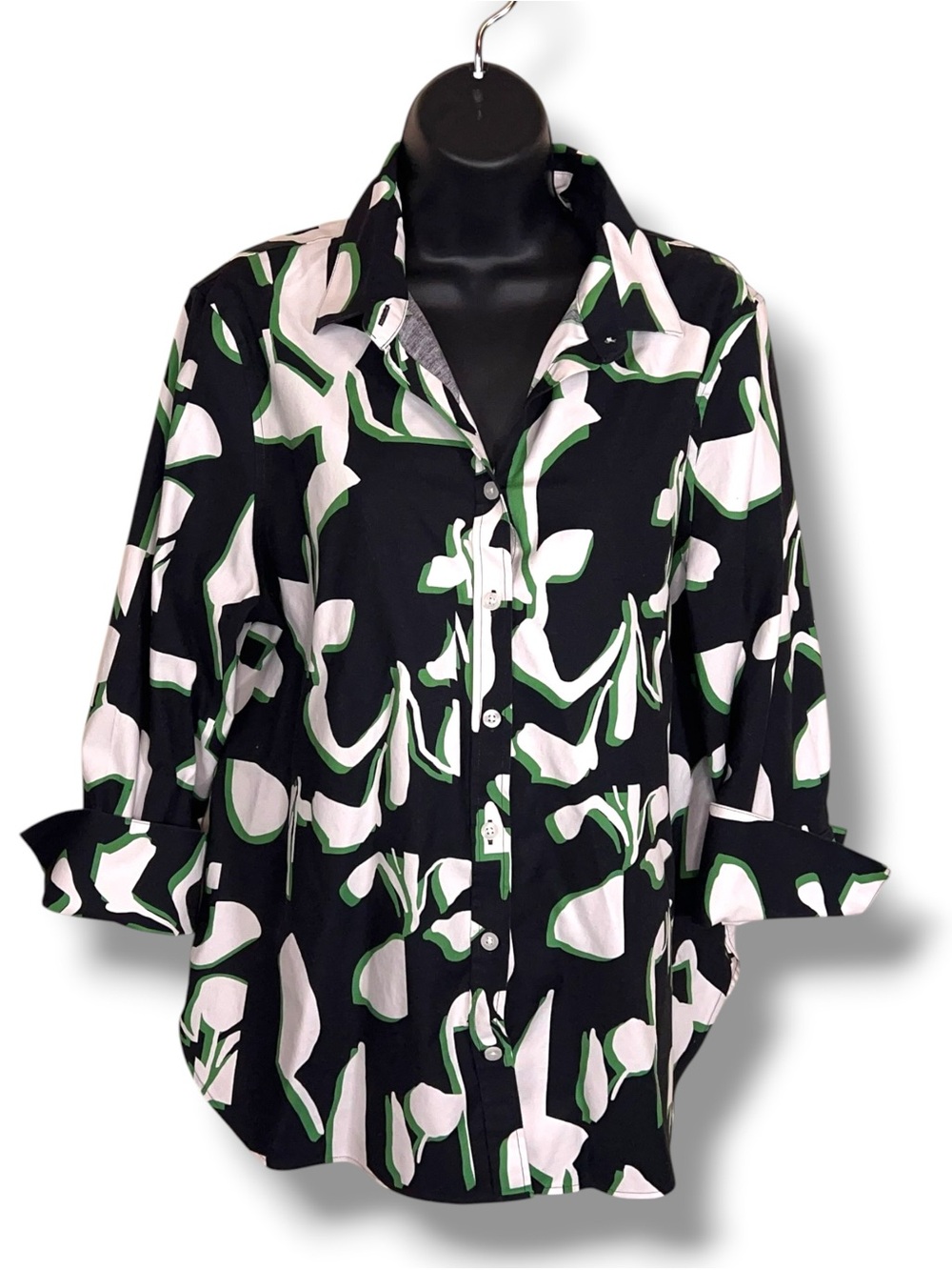 Size 12 Chicos 2 Black Green White Print Button Up Top Cuffed Sleeve Abstract